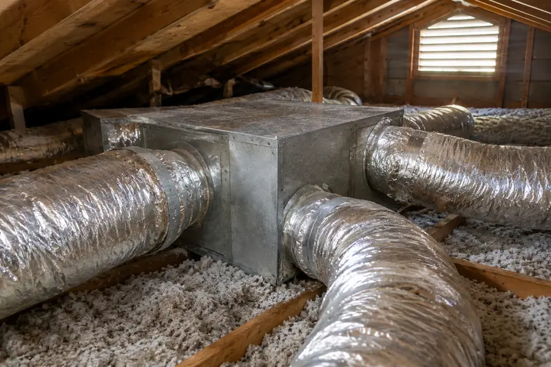 An attic over a one-story house with a sheet-metal supply box and silver flex ducts branching off across the joists
